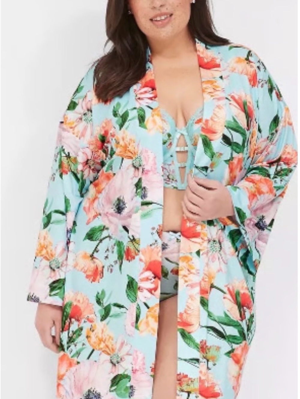 NWT Cacique Floral Satin Kimono Robe 22/24 Aqua Coral Plus Size